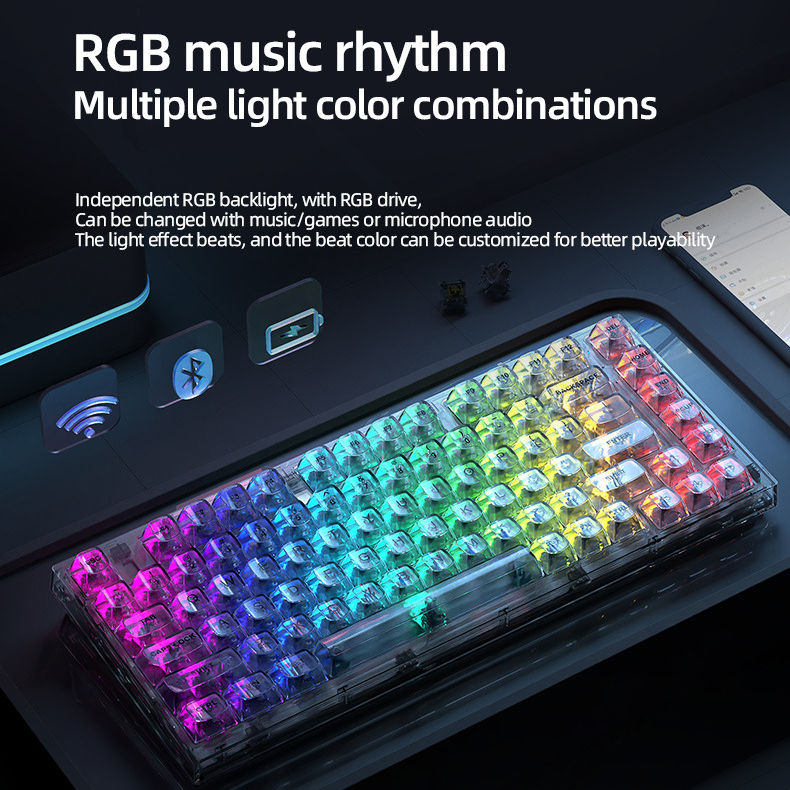 75% Keyboard X75 82 Keys DIY Wired Wireless 2.4G BT 3 Mode Transparent Hot Swappable Switch RGB Gaming Mechanical Keyboard Set