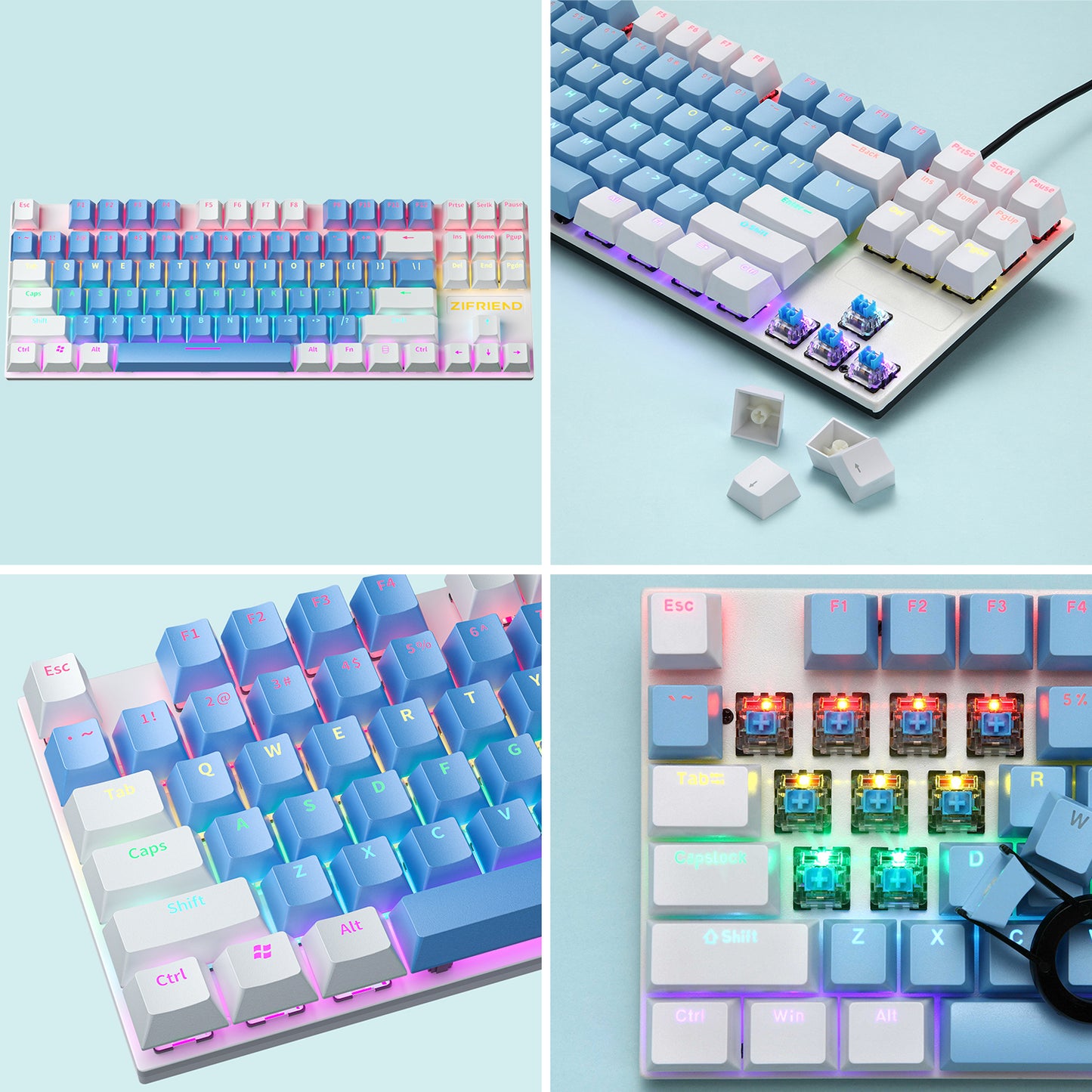 KY400 87 Keys Green Swappable Switch Mix Color Keycap USB Wired Mini RGB Backlight Gaming Mechanical Keyboard for Tablet Computer Phone