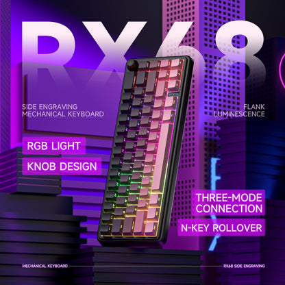 RX68 67 Keys Hot-Swappable Switch PBT Keycap RGB Bcaklit Gasket Structure N-Keys Rollover Gaming Mechanical Keyboard with knob ( Tri-mode 4000mA battery )