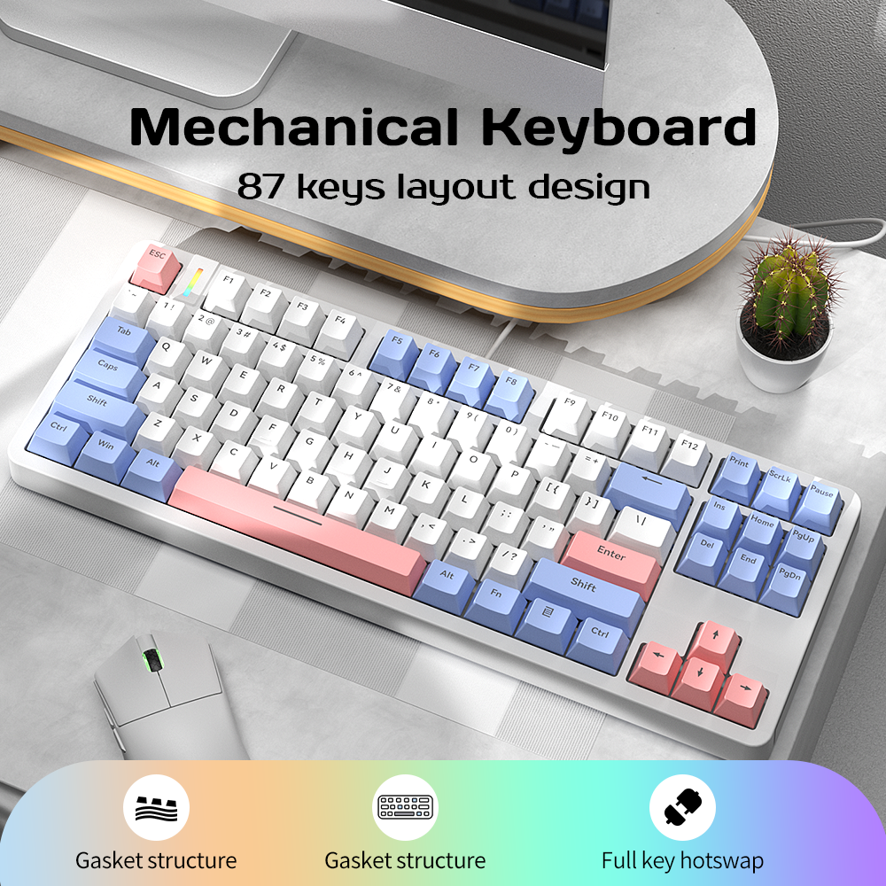 G87 Russian layout 75% Wired Mechanical Gaming Keyboard LED White Backlit 87 Keys Compact TKL Keyboard for Windows Laptop PC