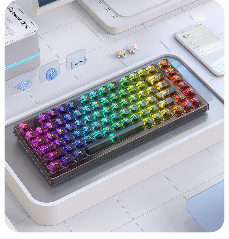 75% Keyboard X75 82 Keys DIY Wired Wireless 2.4G BT 3 Mode Transparent Hot Swappable Switch RGB Gaming Mechanical Keyboard Set