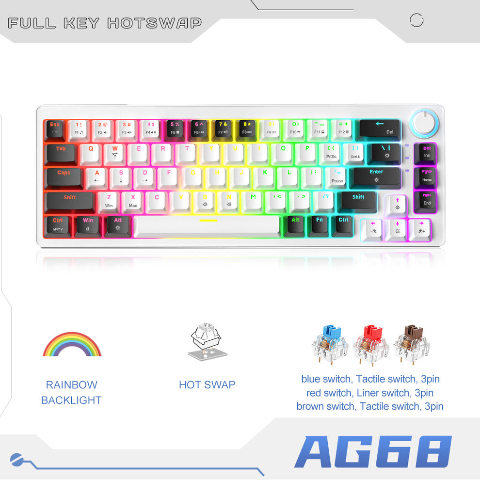 AG68 67 Keys with knob Hot-Swappable Switch ABS Keycap Rainbow Bcaklit ...